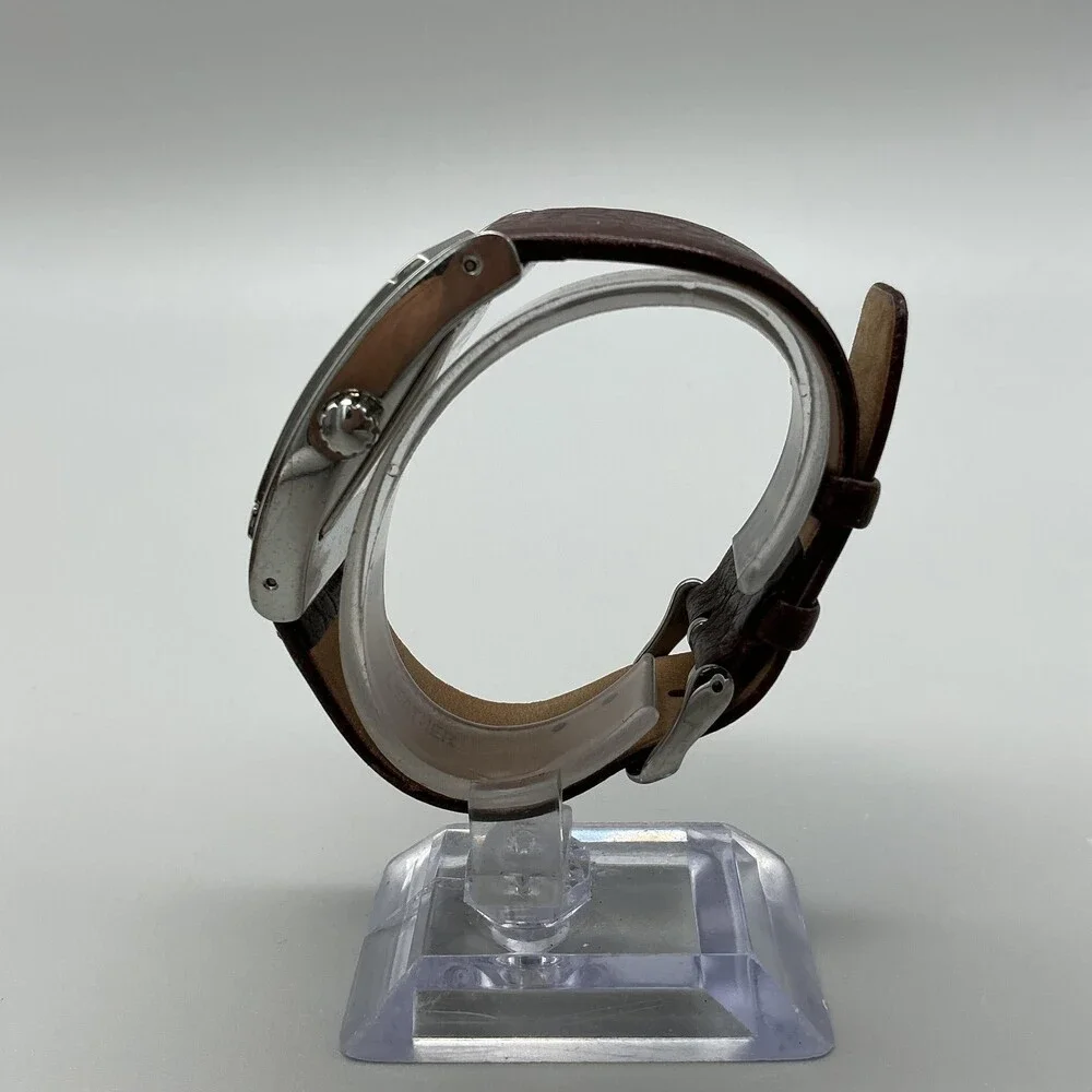 Kenneth Cole KC1238 Mens Watch 32mm Silver Tone Brown Leather Date New Battery